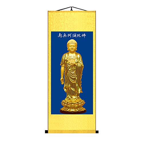 Zzooi Asian Elegant Buddhist Art Chinese Style Buddha Portrait Namo Amitabha Wall Art Hanging Silk Painting,Amituofo Chant 39"L x 17.7"W
