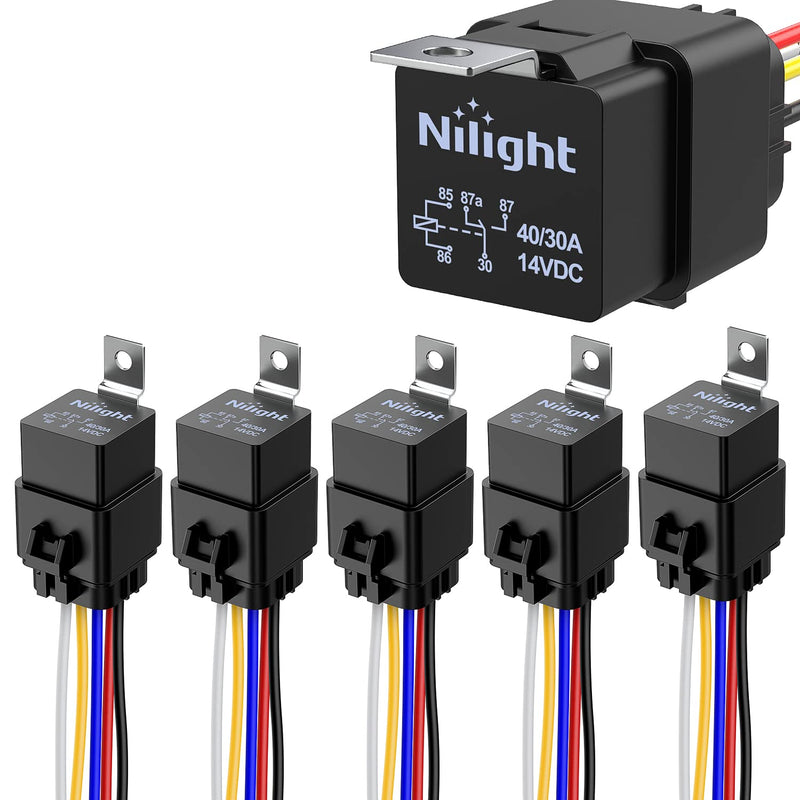 [Australia - AusPower] - Nilight 5 Pack Waterproof Relay and Harness 40/30 AMP Heavy Duty 12 AWG Tinned Copper Wires 5-PIN SPDT Style 12V Automotive Relay and Harness Set 30A-5PC 