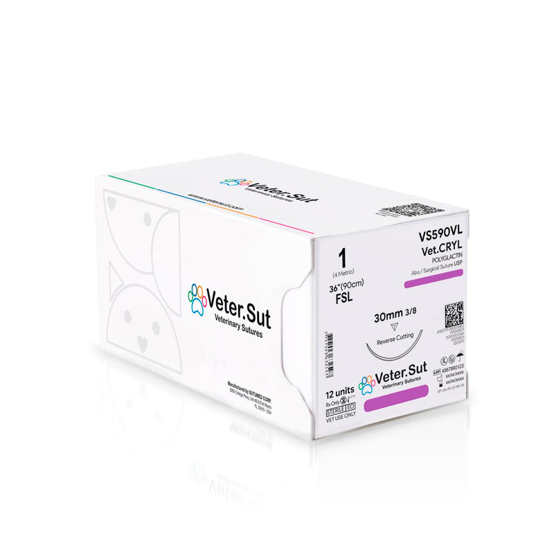 [Australia - AusPower] - VeterSut VetCRYL Absorbable Polyglactin Surgical Suture USP Size 1, (FSL) 3/8 30mm Reverse Cutting Needle, 36 Inches (90 cm), 12 Count, Veterinary Use 