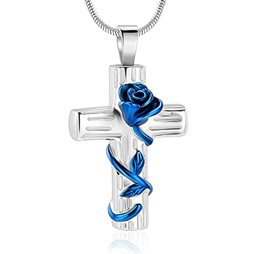 Minicremation Urn Necklace for Ashes Rose Flower Cross Cremation Jewelry Pendant for Human/Pet Funeral Keepsake Memorial Necklace Blue