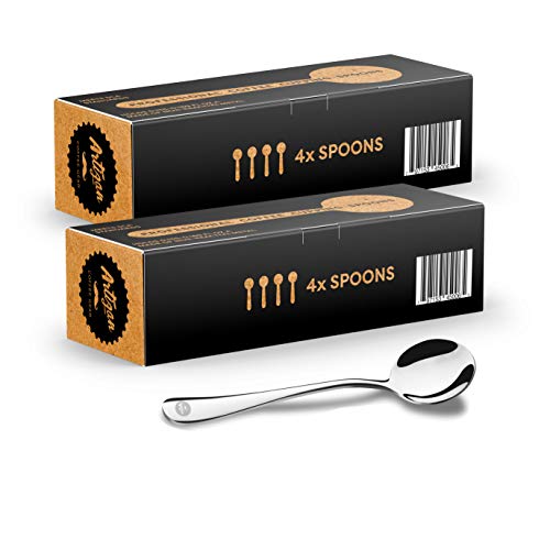 Set of eight stainless steel coffee cupping spoons from Artizan Coffee Gear for professional coffee tasting and brewing.