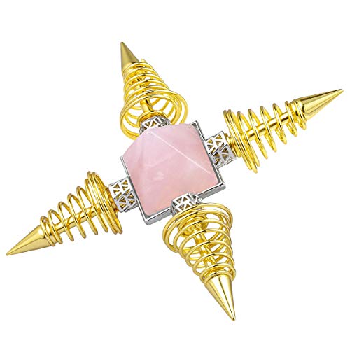 mookaitedecor Natural Stone Quartz Copper Pyramid Ornament for Home Pink/Gold