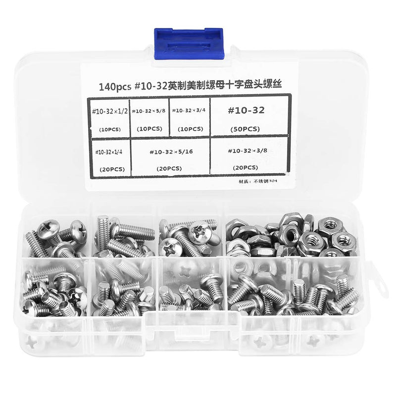 [Australia - AusPower] - 140pcs #10-32 304 Screws and Nuts, Stainless Steel Pan Head Screws Kit Assortment Set Repair Tool Accessory 
