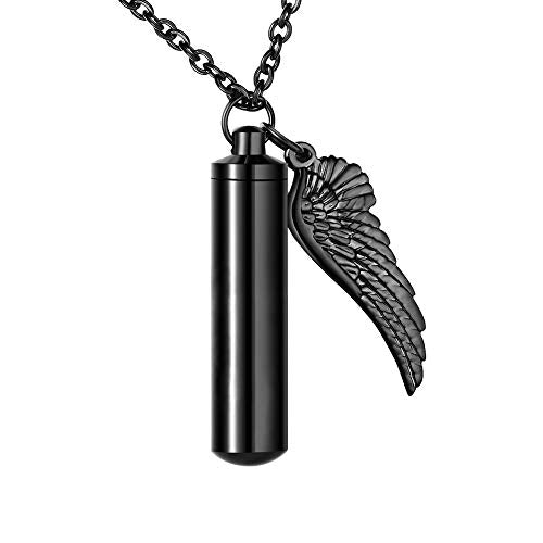 Dletay Cylinder Cremation Urn Necklace for Ashes Memorial Keepsake Pendant with Angel Wing Stainless Steel Remembrance Jewelry non-engraving Black-L