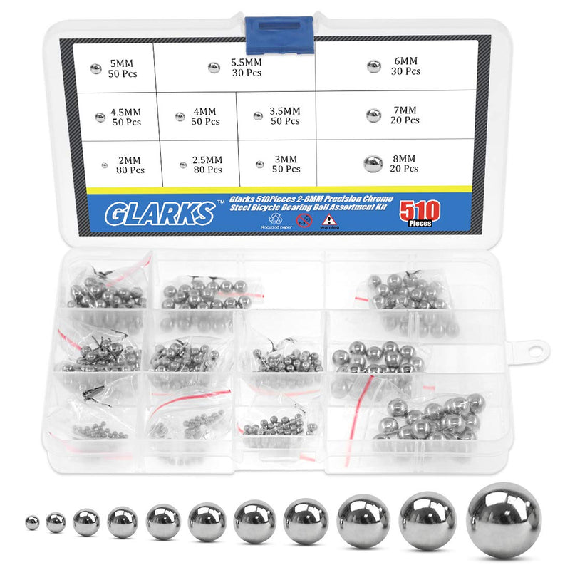 Glarks 510Pieces 11 Size 2-8MM Metric Precision Chrome Steel Assorted Loose Bicycle Bearing Ball Assortment Kit (Metric)