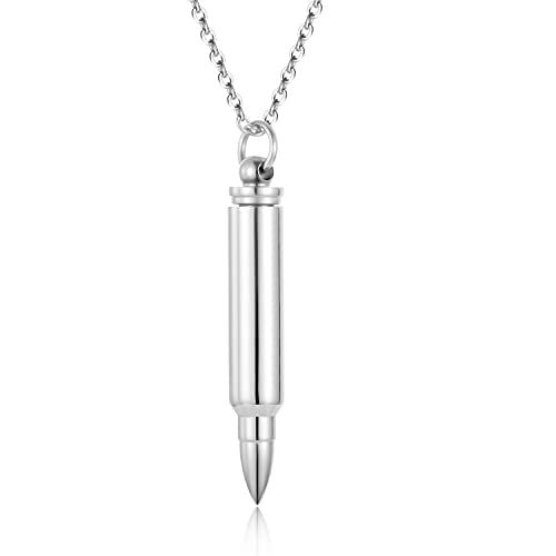 SIYUU Bullet Memorial Keepsake Pendant Stainless Steel Cremation Ashes Urn Necklace Capsule Funeral Casket Urn Pendant Keepsakes for Men Women Silver