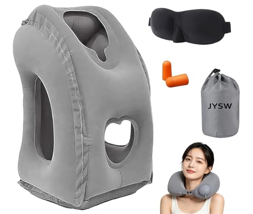 Inflatable Travel Pillow,U-Shaped JYSW Portable Airplane Pillow Multifunctional Neck and Head Support Lap Pillow for Airplanes Trains Buses and Office Napping with Eye Mask, Earplugs, Grey
