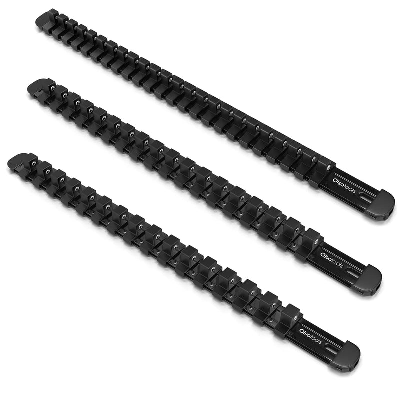 Olsa Tools Aluminum Socket Organizer, 3pc Set - Locking End Caps - 1/4-Inch Drive x 24 Clips, 3/8-Inch Drive x 18 Clips, 1/2-Inch Drive x 16 Clips - Professional Grade - Black - Part: 1181 3pc, 1/4, 3/8, & 1/2-Inch Drive