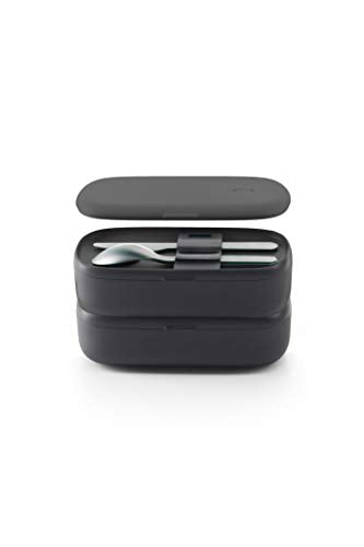 Lékué Lunchbox-To-Go Set with Lunch Container + Cutlery Set | Black | 2 Pc Travel Dining Set | Airtight, Leakproof Meal Holder with 2 Compartments | Microwave Safe | Knife, Fork & Spoon Set Included Stainless Steel Cutlery Set Included