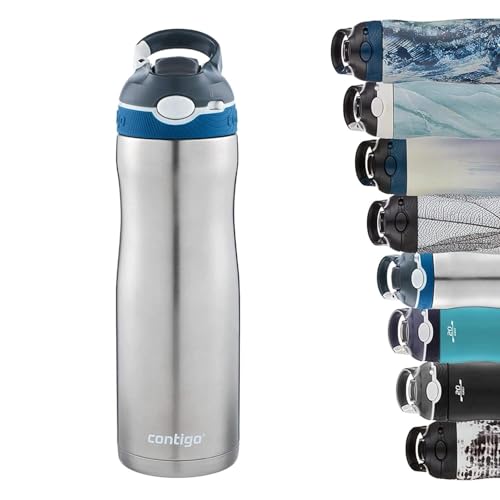 Contigo Ashland Chill Autospout Water Bottle with Flip Straw, Stainless Steel Thermal Drinking Bottle,Leakproof,Grey, BLue, 590 ml Grey, B Lue