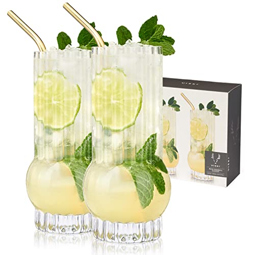 Viski Deco Crystal Island Highball Glasses Set of 2 - Premium Crystal Mojito and Gin and Tonic Glasses, Highball Cocktail Glassware Gift Set, 13 oz Island Deco Highballs