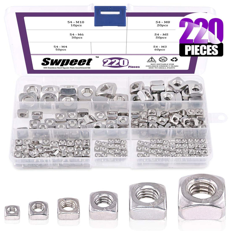 [Australia - AusPower] - Swpeet 220Pcs 304 Stainless Steel 6 Sizes Metric Square Nuts Assortment Kit, Machine Screw Nuts Metric Coarse Thread - M3 M4 M5 M6 M8 M10 