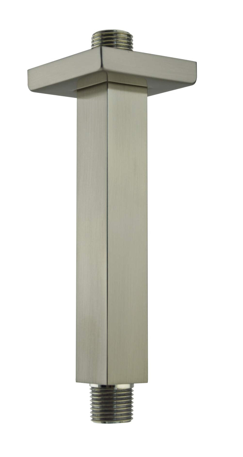 Square Shower Arm and Anti-Scratch O-Ring Flange, 6 inch, Solid Brass, Both Soldered 1/2 NPT Tapered Threads, Straight Shower Head Arm, Ceiling Mount Shower Extension Arm (PVD Brushed Nickel) Brushed Nickel PVD