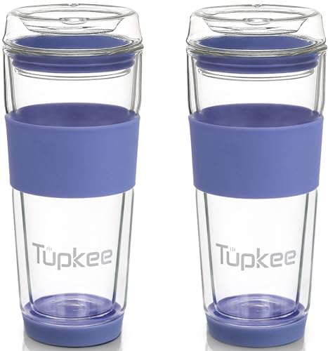 Double Wall Glass Tumbler, 14-Ounce Glass Travel Coffee Mug - 2 Pack Jacaranda