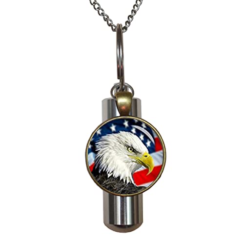 HandcraftDecorations American Bald Eagle Cremation URN Necklace, American Flag Charm, Patriot F214