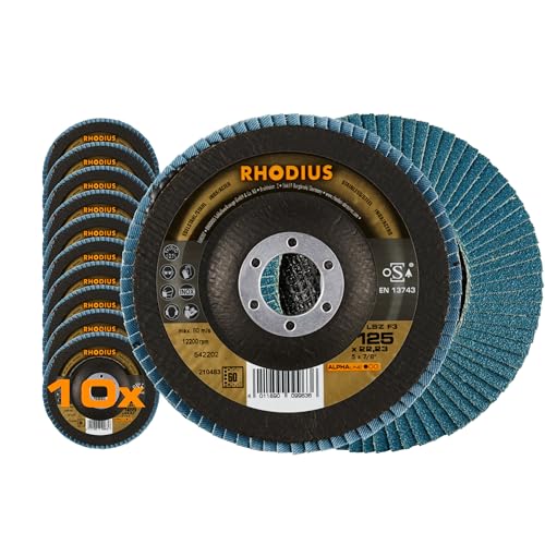 Rhodius LSZ F3 Flap Disc, 125 mm, K60, Pack of 10, Alphaline | Made in Germany, zirconia corundum, good cutting performance, good service life, for angle grinders, low vibration 10 x diameter 125 K60