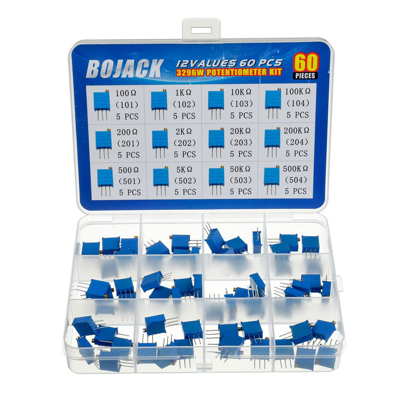 [Australia - AusPower] - BOJACK 12 Values 60 pcs Variable Resistor 100 to 500K ohm 3296W Multiturn Trimmer Potentiometer Assortment Kit 