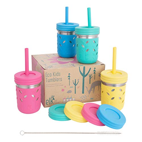 Elk and Friends Kids 10oz Stainless Steel Mason Jars + Sleeves + Lids | 4pk Pink/Teal/Yellow/Blue
