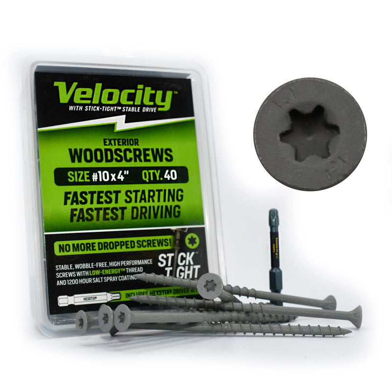 [Australia - AusPower] - Velocity Exterior Wood Screw DIY Pack– 40 Wood Screws, Made with Carbon Steel, Includes 1 Hexstix Drive Bit and Stick-Tight Technology (Size #10x4, 40 Pieces) #10 x 4" Small Pack 