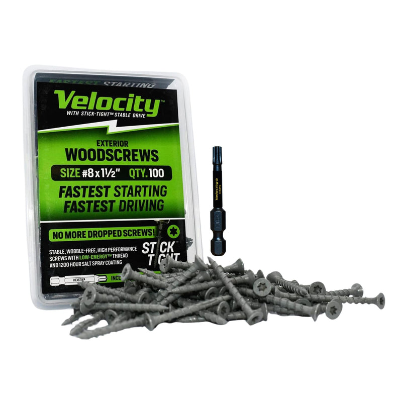[Australia - AusPower] - Velocity Exterior 1 1/2 Wood Screws DIY Pack (Size #8) Fence Screws for Wood, Stick Tight Technology, Made with Carbon Steel, Includes 1 Hexstix Drive Bit (100 Pieces) #8 x 1 1/2" Small Pack 