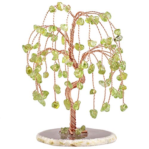 SUNYIK Natural Peridot Crystal Tree with Agate Slice Base 5''-6.7'' Green