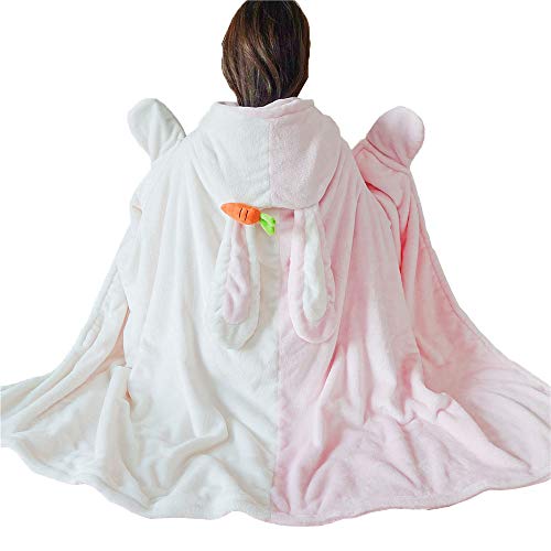 Cute Bunny Super Soft Hooded Shawl Lolita Warm Comfy Fleece Wearable Blanket (Pink White) Pink White