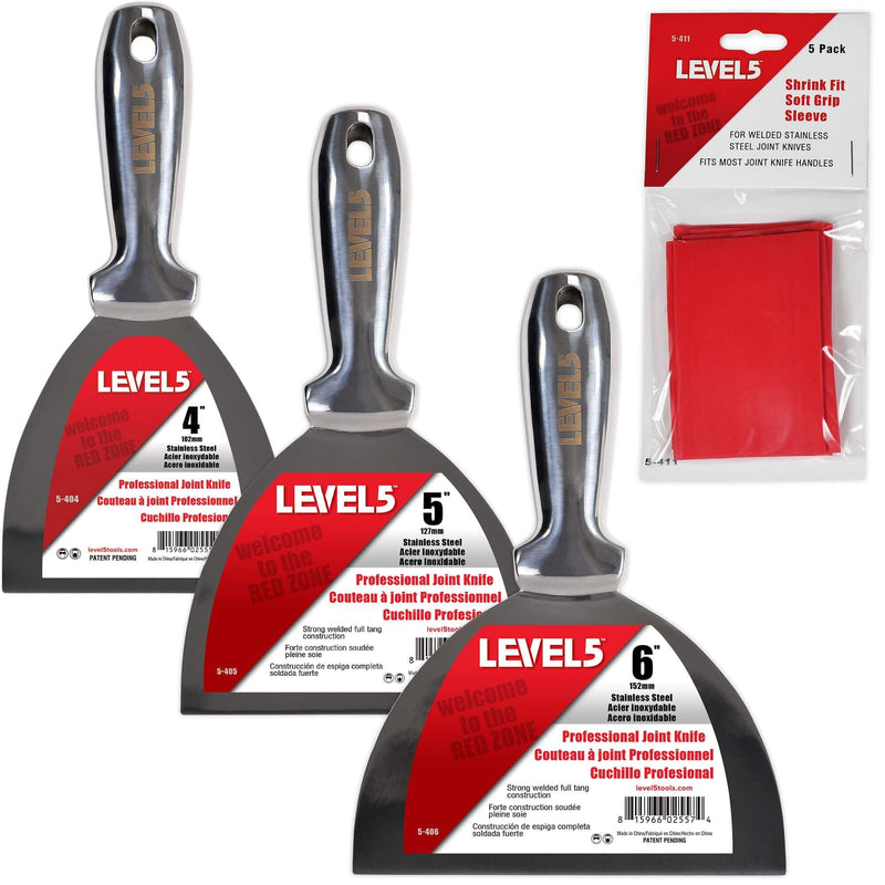 3-Pack One-Piece Stainless Steel Joint Knife - LEVEL5 | Professional Grade Putty Blade, Premium Polished All-Metal, Precision Ground Edge, Ergonomic, Corrosion Resistant | 5-450
