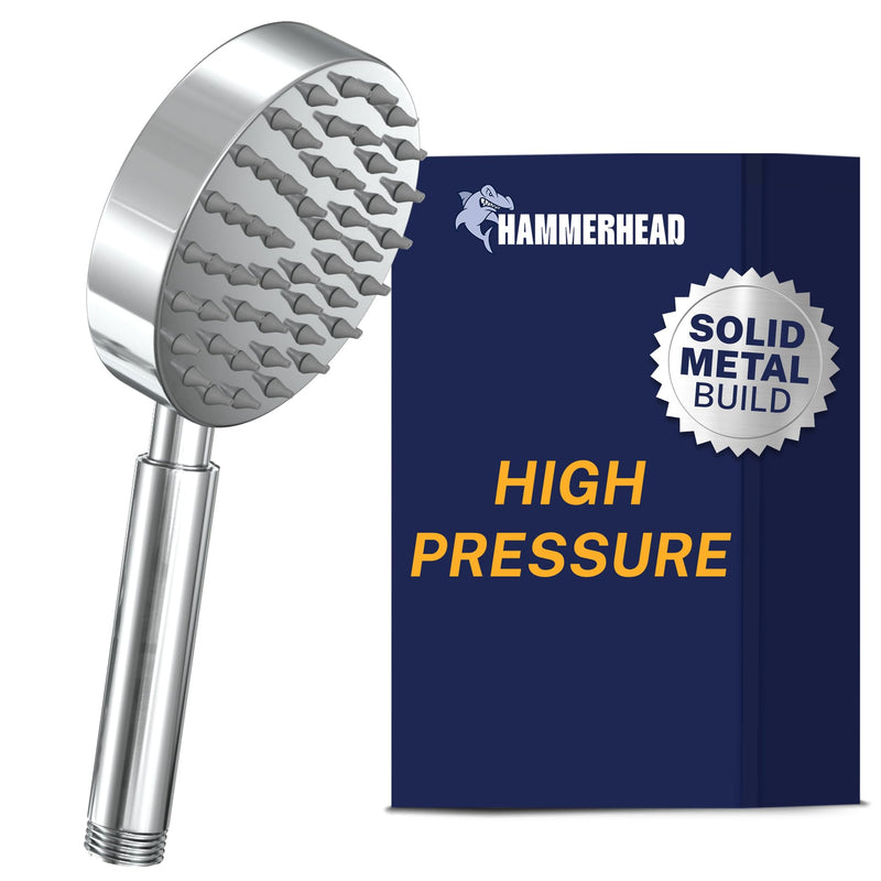 HammerHead Showers® Solid Metal Hand Held Shower Head - CHROME - 2.5 GPM High Pressure Shower Heads 4 Inch Spray Wand | Made from 304 Stainless Steel with Silicone Nozzles Polished Chrome