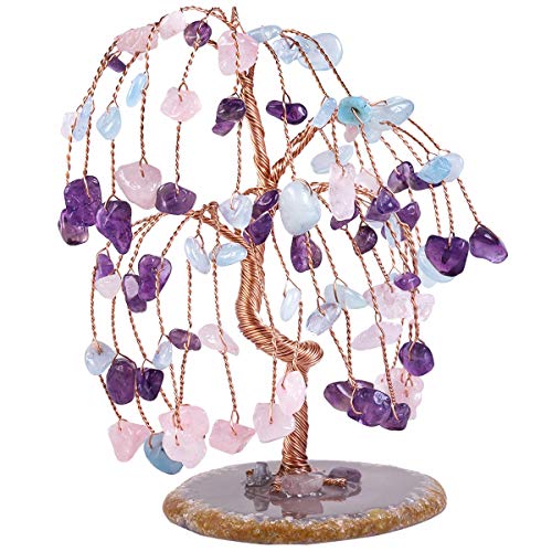 SUNYIK Amethyst/Rose Quartz/Aquamarine Crystal Tree with Agate Slice Base 5''-6.7'' Purple/Pink/Blue