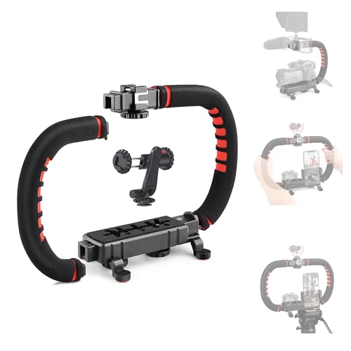 Zeadio Handheld Camera Stabilizer, U-Shaped Video Rig Handle Grip with 3 Cold Shoe Mounts & 1/4'' Screw, Compatible with DSLR Camcorder Action Camera Smartphone etc