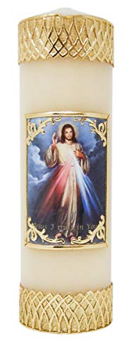 CB Church Supply Hand-Decorated Devotional Candles with Gold Wax Framed Image Will & Baumer Family Prayer Candle, 8-Inch, Divine Mercy