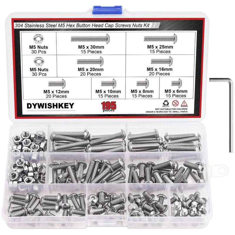 [Australia - AusPower] - DYWISHKEY 195 Pieces M5 x 6mm/8mm/10mm /12mm/16mm/20mm/25mm/30mm Stainless Steel 304 Hex Button Head Cap Bolts and Nuts Kit 