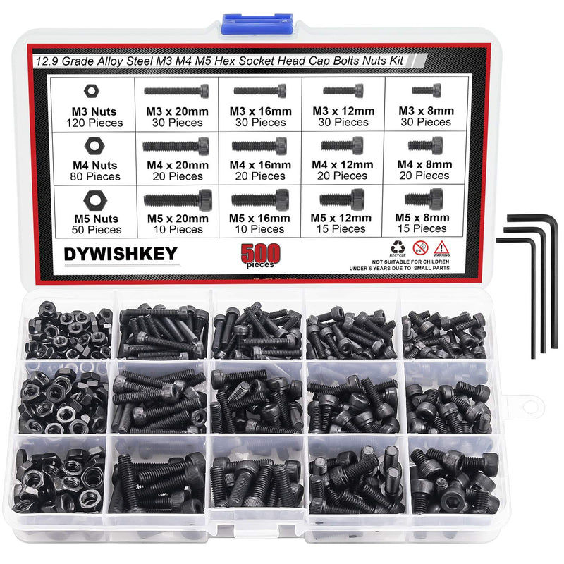 [Australia - AusPower] - DYWISHKEY 500 Pieces M3 M4 M5, 12.9 Grade Alloy Steel Hex Socket Head Cap Bolts Nuts Assortment Kit with Hex Wrenches 
