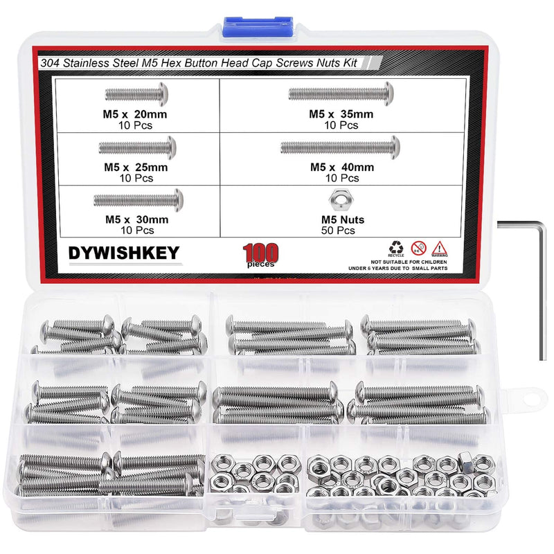 [Australia - AusPower] - DYWISHKEY 100 Pieces M5 x 20mm/25mm/30mm/35mm/40mm Stainless Steel 304 Hex Button Head Cap Bolts and Nuts Kit 