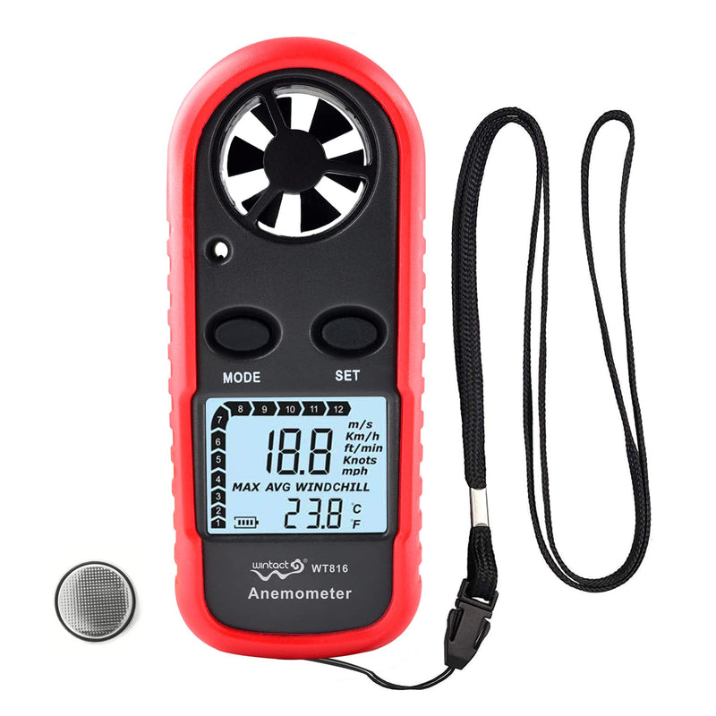 Wintact Handheld Anemometer, Digital Wind Speed Meter Gauge, Air Flow Velocity Tester with Measuring Wind Temperature 14℉ to 113℉ for HVAC Duct Outdoor Kite Boat Sailing Surfing (WT816) WT816