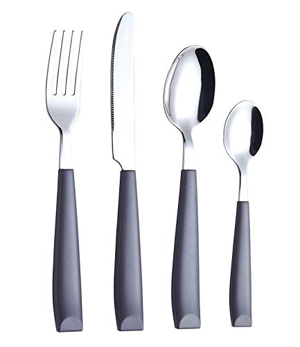EXZACT 16 pcs Flatware Set Stainless Steel Wide Handles Serves 4 Gray Grey X 16