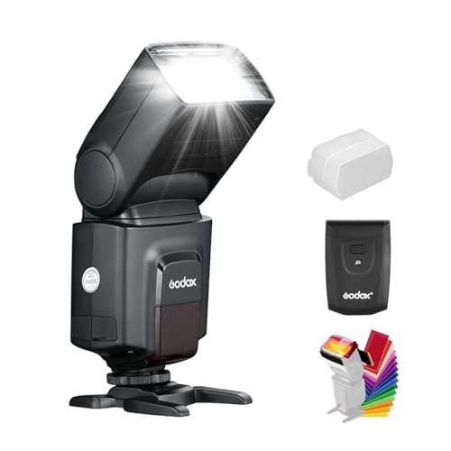 Godox Wireless 433MHz GN38 Camera Flash Speedlite with Built-in Receiver with RT Transmitter Compatible for Canon Nikon Sony Olympus Pentax Fuji DSLR Cameras with Diffuser + Filters