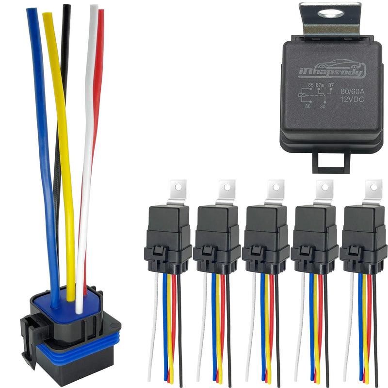 irhapsody 12VDC 80/60Amp Waterproof Relay, 5-pin SPDT Automotive Relay with Pigtail 5 relays