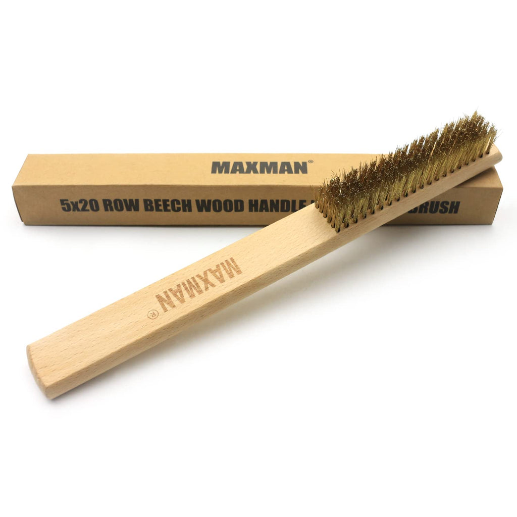 MAXMAN Copper Brass Brush, 20×6 Row Soft Bristle Wire Scratch Brushes with 10" Natural Beechwood Handle Barbell Brush for Cleaning Metal Surface Texturing, Removes Lint 1 piece