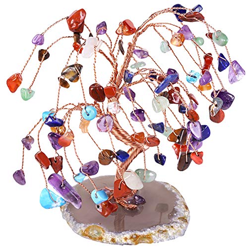 TUMBEELLUWA Healing Colorful Crystal Money Tree on Agate Slice Base #3 Colorful