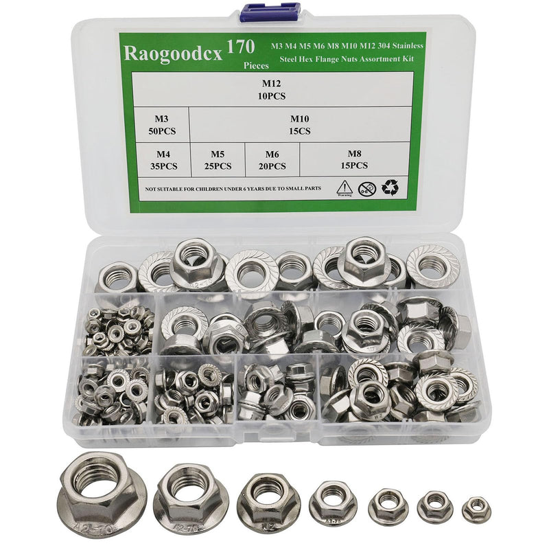 [Australia - AusPower] - 170Pcs M3 M4 M5 M6 M8 M10 M12 304 Stainless Steel Hex Flange Nuts Assortment Kit 