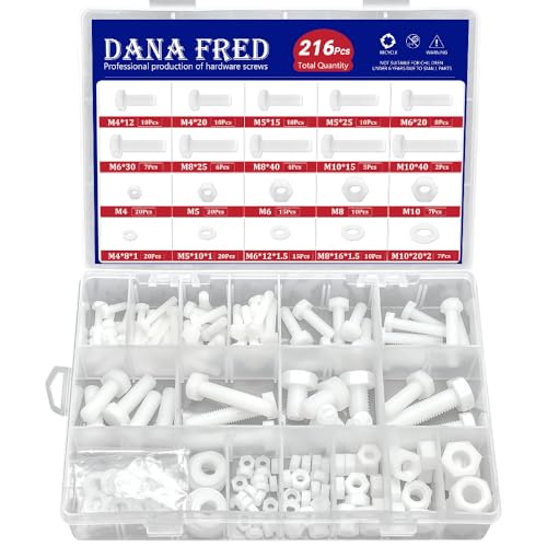 DANA FRED white nylon metric hex bolt, nut and washer kit assortment for PCB boards, 216 pieces