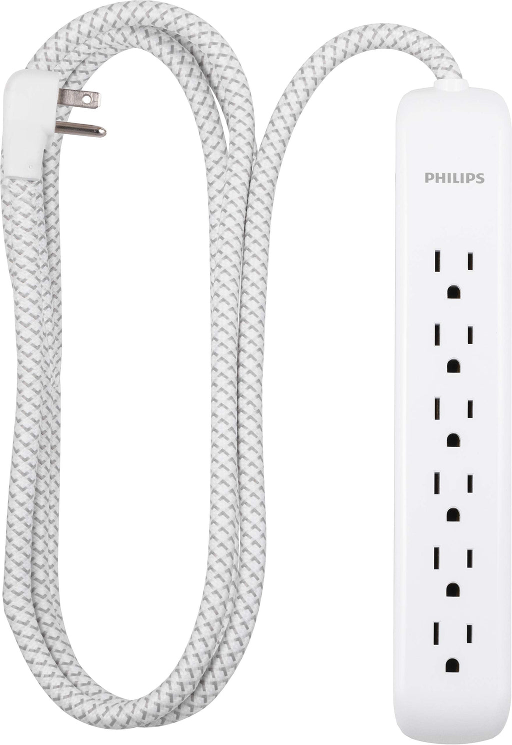 [Australia - AusPower] - Philips 6 Outlet Power Strip Surge Protector, 6 Ft Power Cord, Designer Braided Extension Cord, Flat Plug, Perfect for Office or Home Décor, 1080 Joules, White, SPC3054WA/37 6 Outlet | 6 Ft| White 