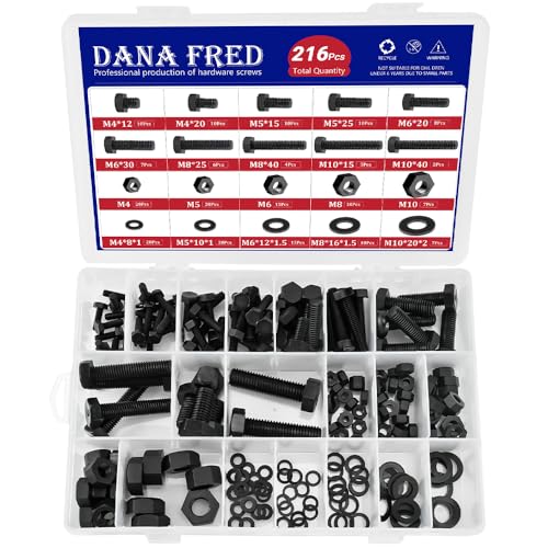 DANA FRED 216-piece black nylon hex screw, nut and washer kit, M4-M10 metric assortment for PCB boards