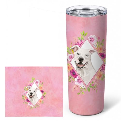 Caroline's Treasures CK4268TBL20 White Pit Bull Terrier Pink Flowers Stainless Steel 20 oz Skinny Tumbler Vacuum Double Walled Reusable Insulated Tumbler Travel Cup for Coffee Cocktails Gift with Lid,