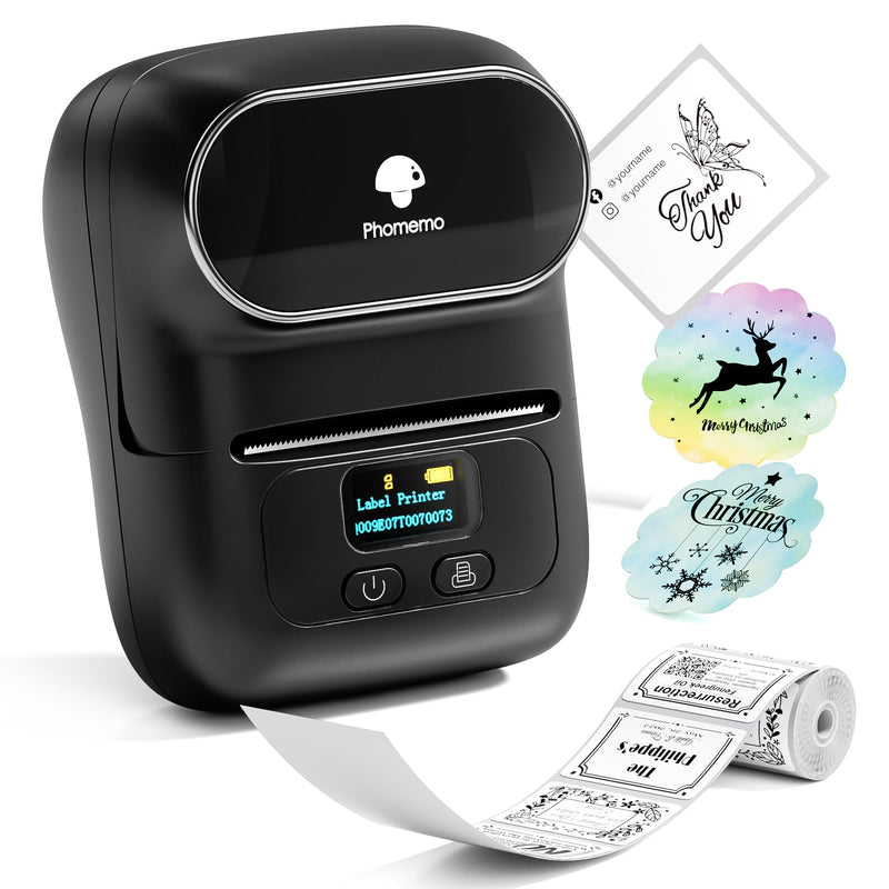 [Australia - AusPower] - Phomemo M110 Label Makers - Barcode Label Printer Bluetooth Portable Thermal Printer for Small Business, Address, Logo, Clothing, Mailing, Sticker Printer for Phones & PC, Black 1 Printer + 1 Roll Label 