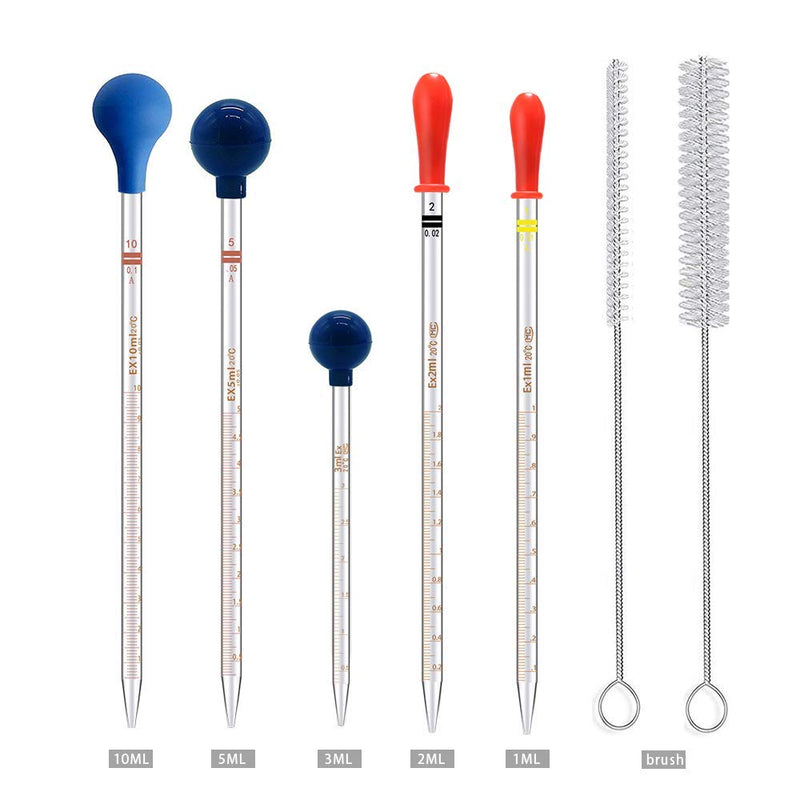 [Australia - AusPower] - 5PCS Thick Glass Graduated Dropper Pipettes Fluid and Liquid Pipettors 1ml 2ml 5ml 10ml 2PCS for Each with Caps and 2PCS Washing Brushes (33cm-13inch) 5 