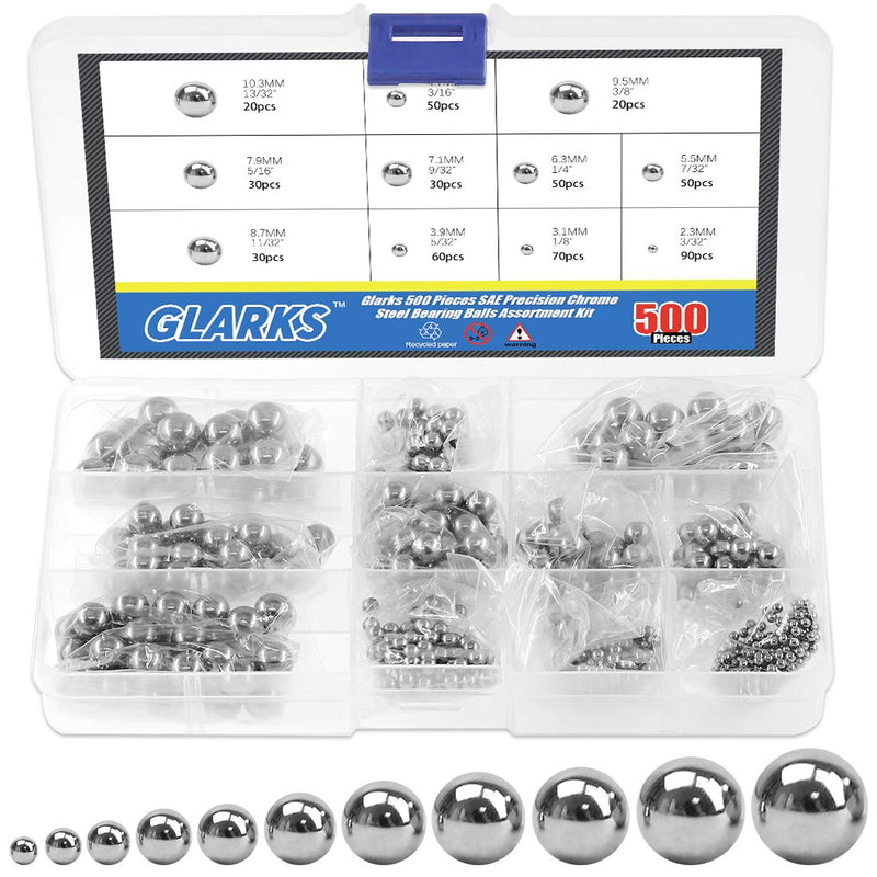 Glarks 500Pcs 11 Size 3/32''-13/32'' SAE Precision Chrome Steel Assorted Loose Bicycle Bearing Ball Assortment Kit (SAE)