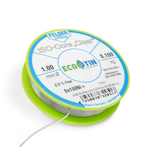 by Felder Soldering Wire Sn100Ni+ for General Electronic Applications, 1.0 mm, 100 g Spool, Lead-Free with 2.2% Flux Clear, REL1, for Electronics, Electrical Engineering and Printed Circuit Boards 100g Spule/1,0mm Durchmesser
