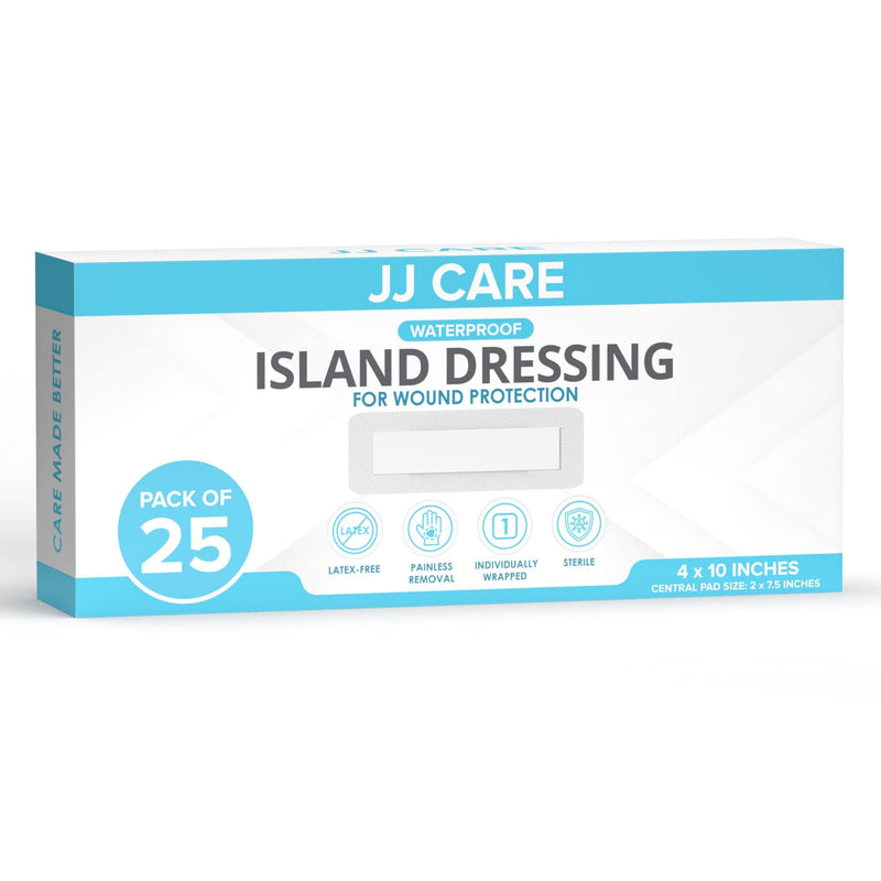 [Australia - AusPower] - JJ CARE Waterproof Adhesive Island Dressing [Pack of 25], 4" x 10" Sterile Island Wound Dressing, Breathable Bordered Gauze Dressing, Individually Wrapped Latex Free Bandages, Non-Stick Central Pad 4x10 Inch (Pack of 25) 